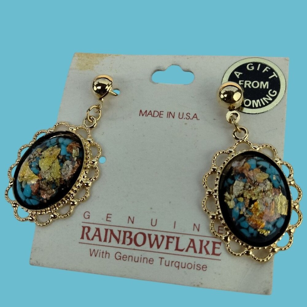 Rainbowflake Earrings Gold Flakes Turquoise Wyoming USA 18KT Posts